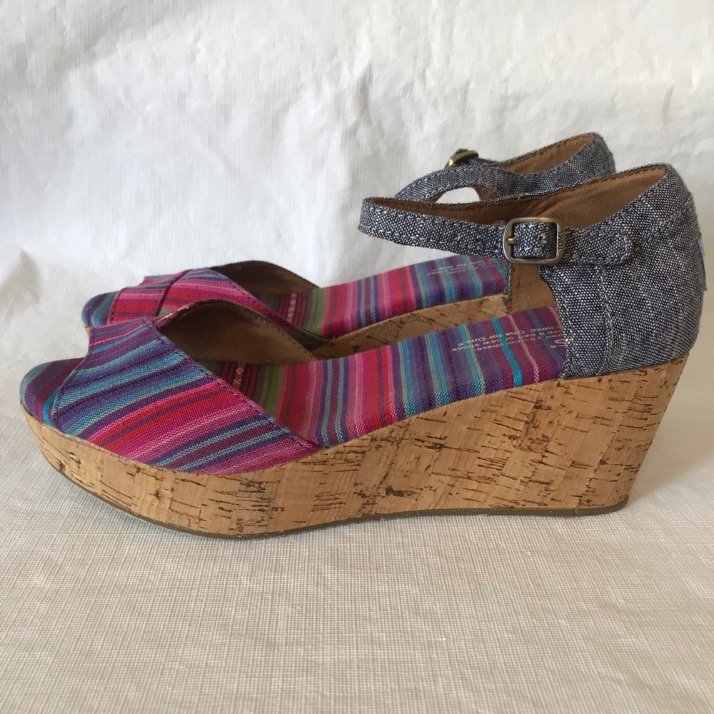 Toms Sienna Chambray Cork Wedge Sandals